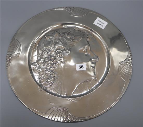 An AK & Cie Art Nouveau pewter Bacchante dish diameter 40cm